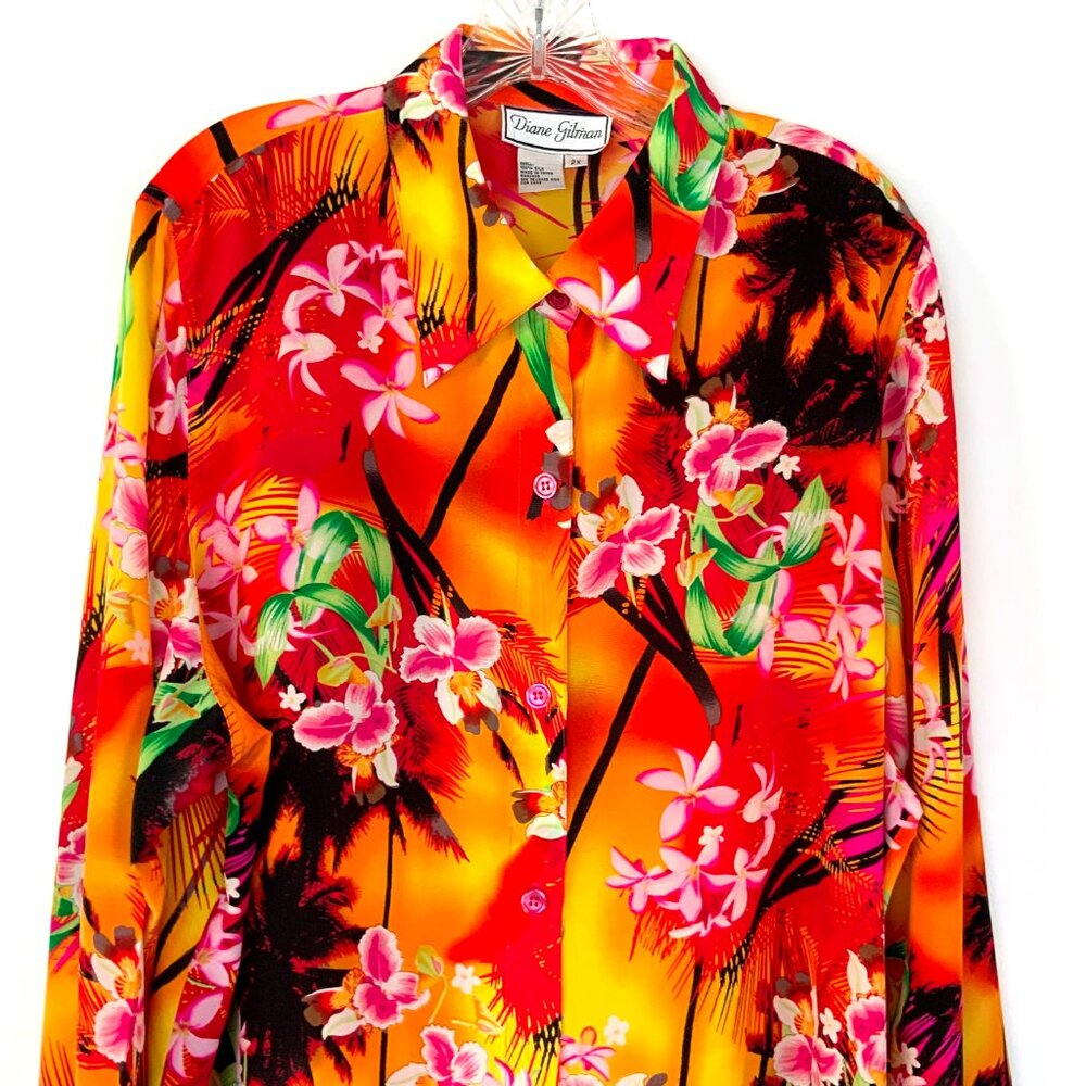 New Diane Gilman 100% Silk Tropical Hawaiian Blouse Shirt Sz 2X